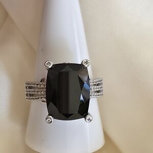 Thai Black Spinel, White Zircon, Sterling Silver Ring Size 10
